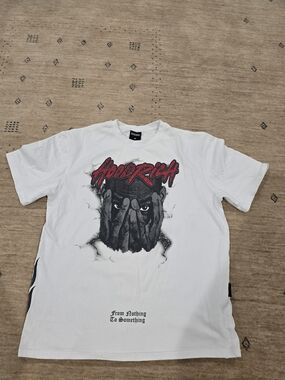 Hooligan White Graphic Tee with Red Script and Black Illustration